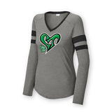 Logo Ladies Stripe Sleeve V-neck Tee